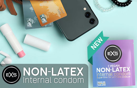 Non-latex EXS Internal Condom with purse, phone, lib balm and bobbles, Lifestyle Image